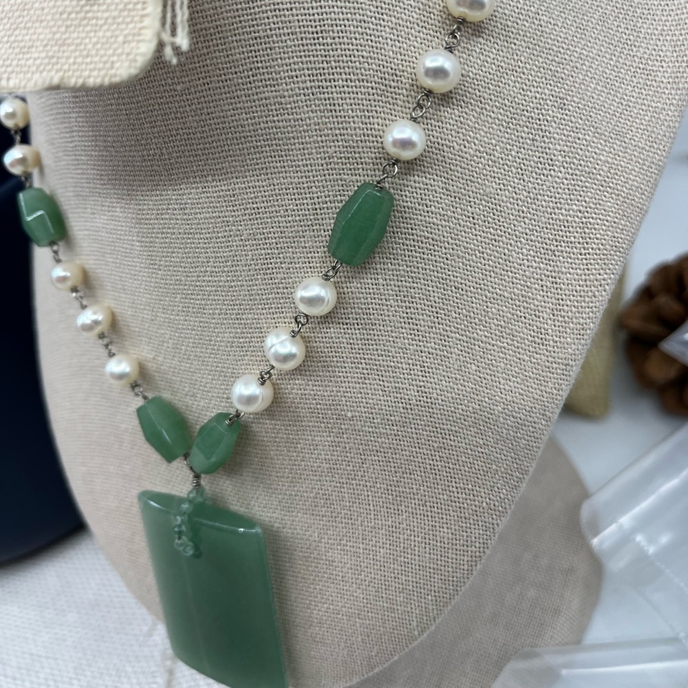 Vintage Green Jade Nephrite & Pearl Sterling Silver Necklace 925 Estate 16" - Picture 4 of 17